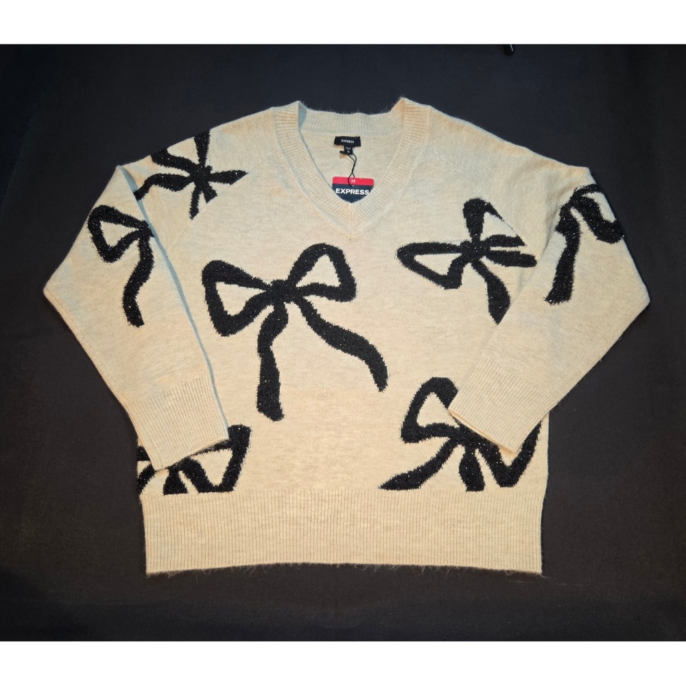 Express Embellished Bow Sweater Cream Black V-Neck Knit XS NWT